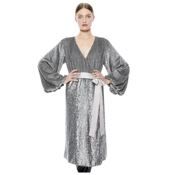 NWT ALICE + OLIVIA Anne Sequin Long Sleeve Wrap Dress Size 2 - Picture 1 of 13